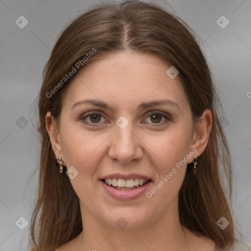 Joyful white young-adult female with long  brown hair and grey eyes