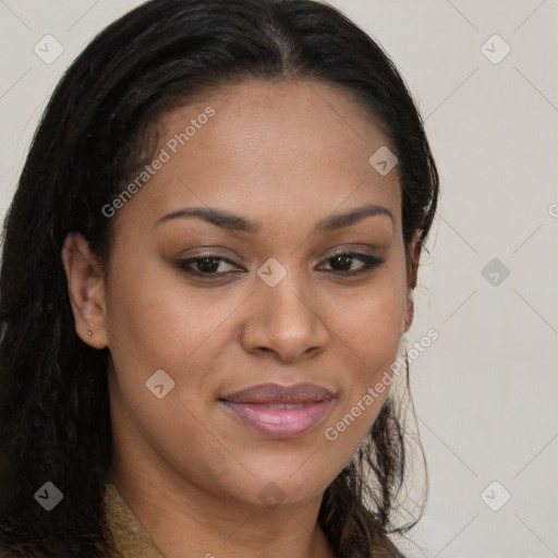 Joyful latino young-adult female with long  brown hair and brown eyes