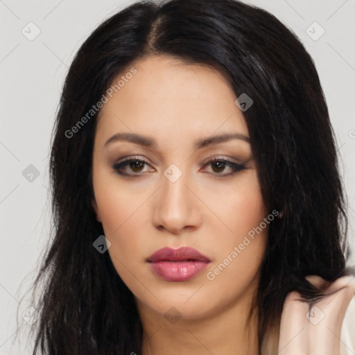 Neutral latino young-adult female with long  black hair and brown eyes