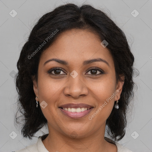 Joyful black young-adult female with medium  brown hair and brown eyes