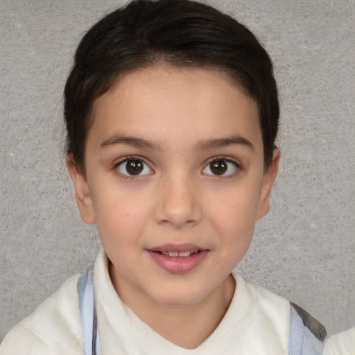 Joyful white child female with medium  brown hair and brown eyes