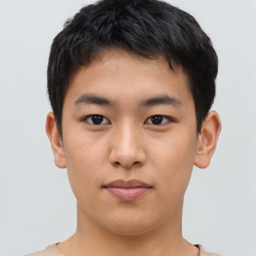 Neutral asian young-adult male with short  brown hair and brown eyes
