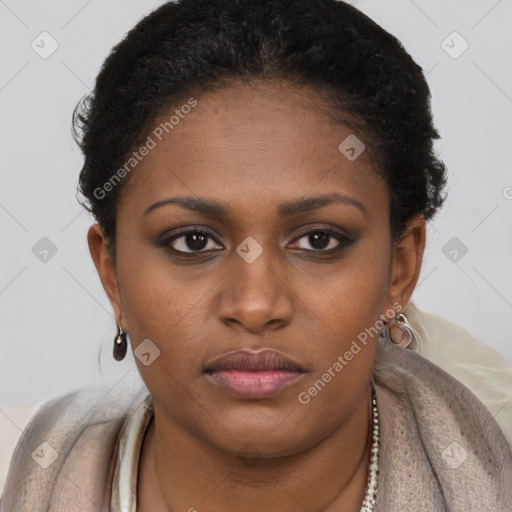 Neutral black young-adult female with short  brown hair and brown eyes