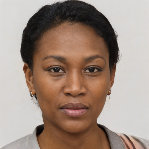 Neutral black young-adult female with short  black hair and brown eyes