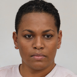 Neutral black young-adult female with short  brown hair and brown eyes