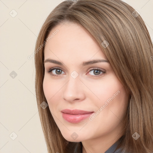 Neutral white young-adult female with long  brown hair and brown eyes