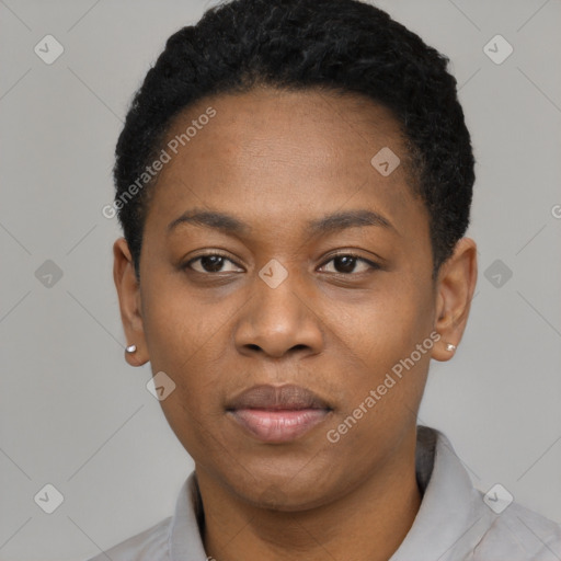 Neutral black young-adult female with short  black hair and brown eyes