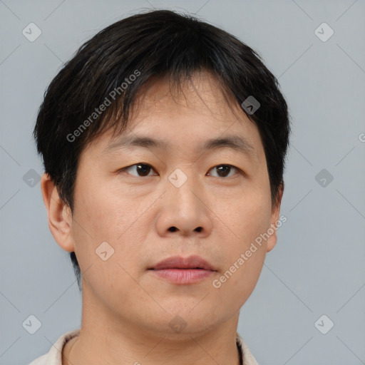 Neutral asian young-adult male with short  brown hair and brown eyes