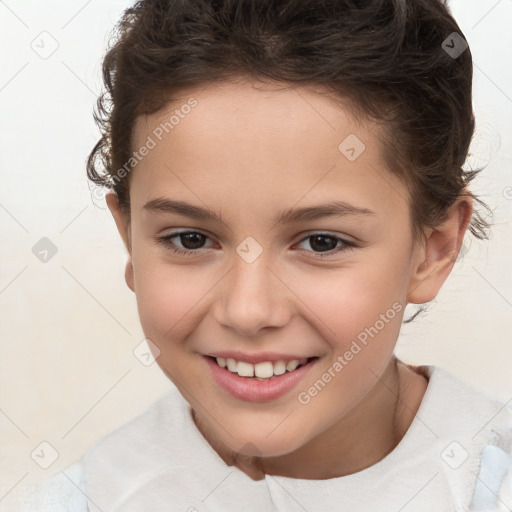 Joyful white child female with short  brown hair and brown eyes