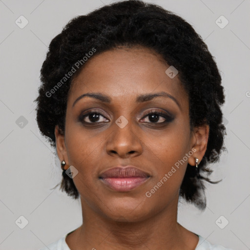 Neutral black young-adult female with short  black hair and brown eyes