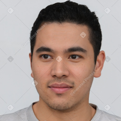 Neutral latino young-adult male with short  black hair and brown eyes