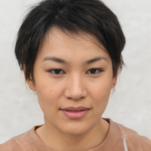 Joyful asian young-adult female with short  brown hair and brown eyes