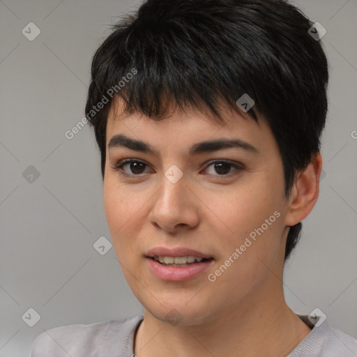 Joyful white young-adult female with short  brown hair and brown eyes