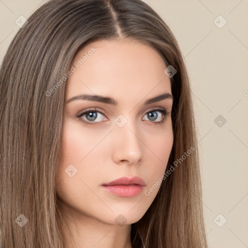 Neutral white young-adult female with long  brown hair and brown eyes