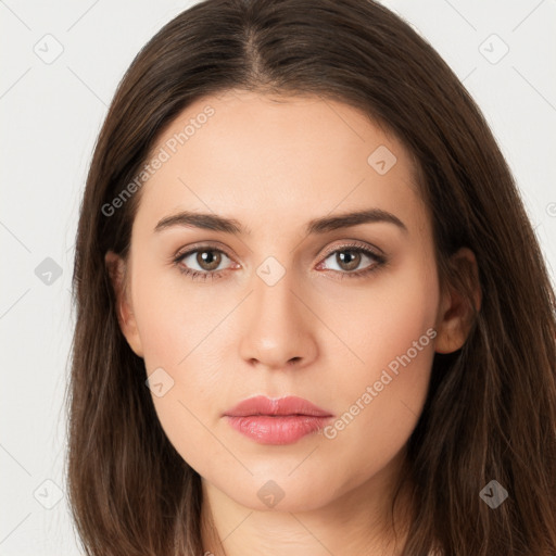 Neutral white young-adult female with long  brown hair and brown eyes