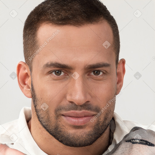 Joyful white young-adult male with short  brown hair and brown eyes