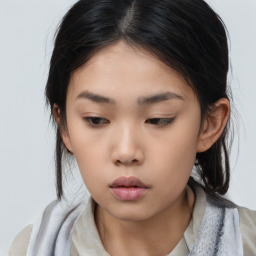 Neutral asian young-adult female with medium  brown hair and brown eyes