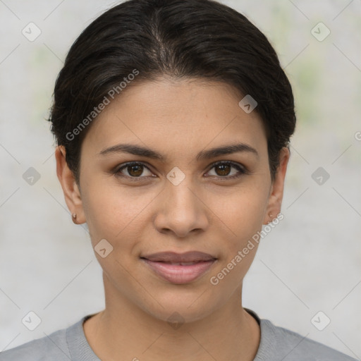 Joyful white young-adult female with short  brown hair and brown eyes