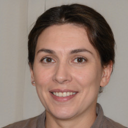 Joyful white adult female with medium  brown hair and brown eyes