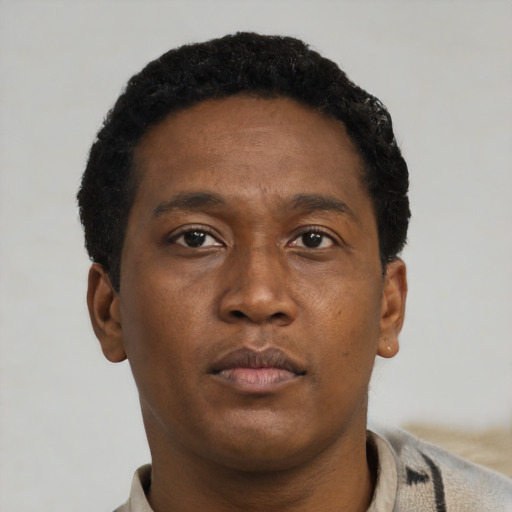 Neutral black young-adult male with short  black hair and brown eyes