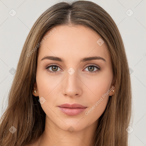 Neutral white young-adult female with long  brown hair and brown eyes