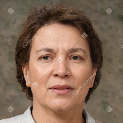 Joyful white adult female with short  brown hair and brown eyes