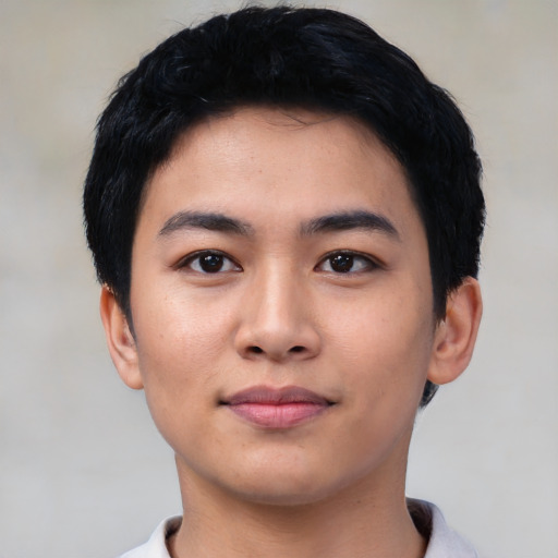 Neutral asian young-adult male with short  black hair and brown eyes