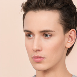 Neutral white young-adult female with short  brown hair and brown eyes