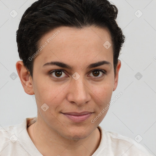 Joyful white young-adult female with short  brown hair and brown eyes