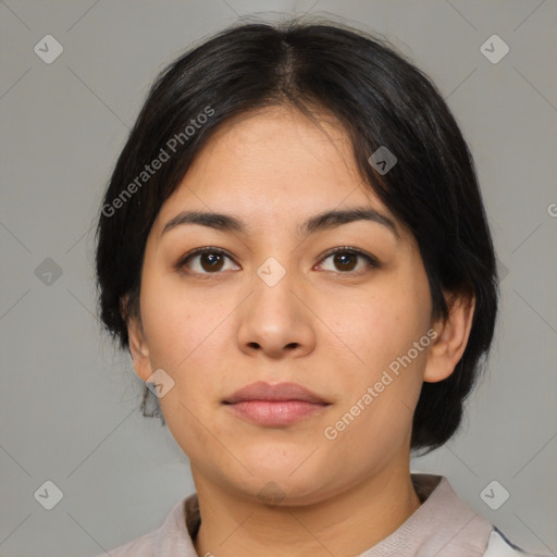 Neutral asian young-adult female with medium  brown hair and brown eyes