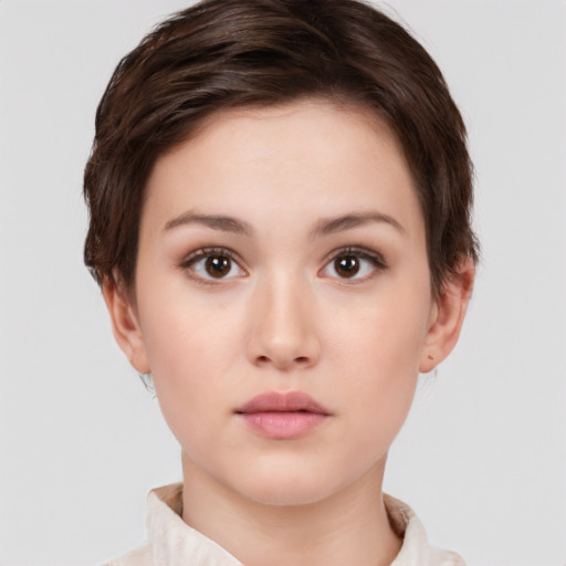 Neutral white young-adult female with short  brown hair and brown eyes