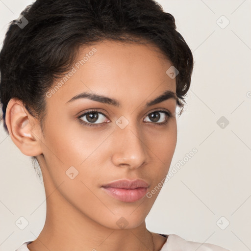 Neutral white young-adult female with short  brown hair and brown eyes