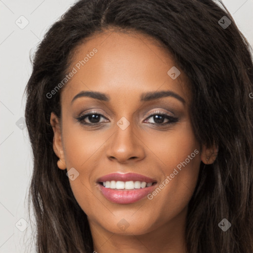 Joyful latino young-adult female with long  brown hair and brown eyes