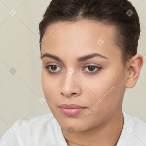 Neutral white young-adult female with short  brown hair and brown eyes