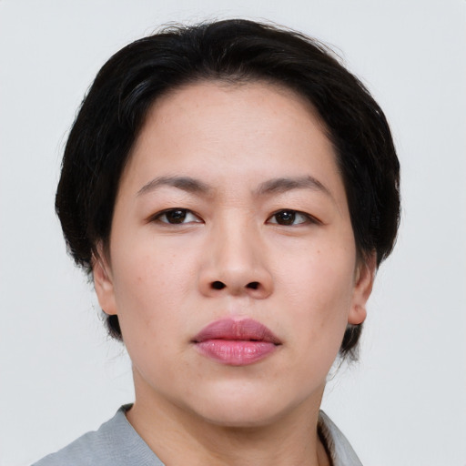 Joyful asian young-adult female with medium  black hair and brown eyes