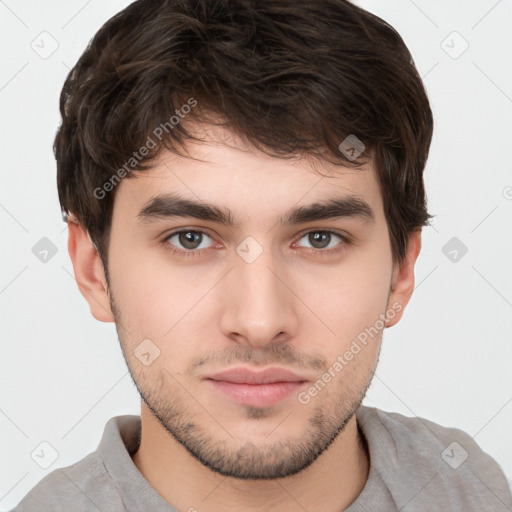 Neutral white young-adult male with short  brown hair and brown eyes