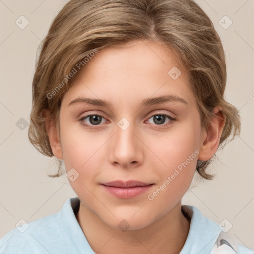 Joyful white child female with medium  brown hair and brown eyes