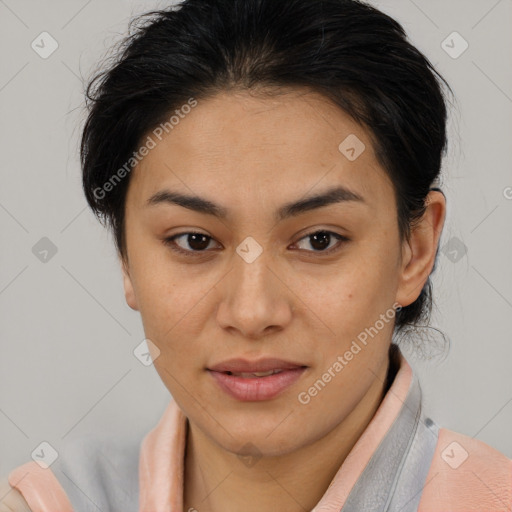 Joyful asian young-adult female with medium  brown hair and brown eyes