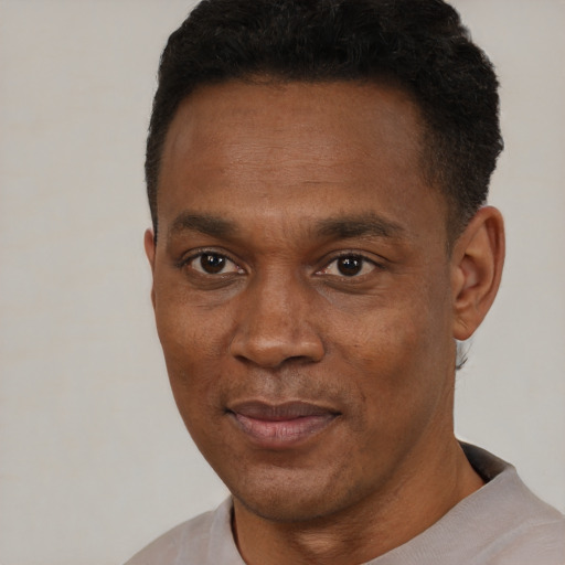 Joyful black adult male with short  black hair and brown eyes