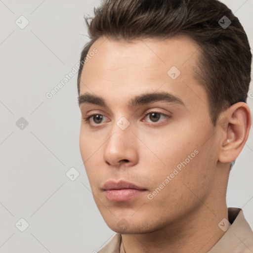 Neutral white young-adult male with short  brown hair and brown eyes