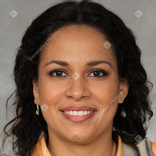 Joyful latino young-adult female with long  brown hair and brown eyes