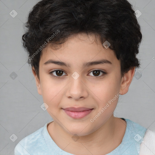 Joyful white child female with short  brown hair and brown eyes