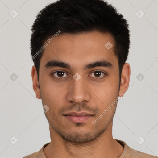 Neutral latino young-adult male with short  black hair and brown eyes