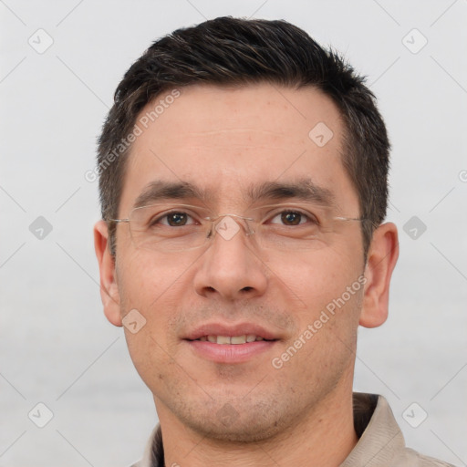 Joyful white adult male with short  brown hair and brown eyes