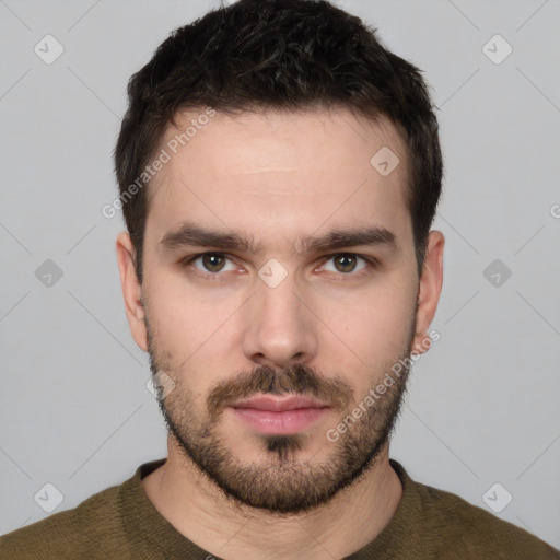 Neutral white young-adult male with short  black hair and brown eyes