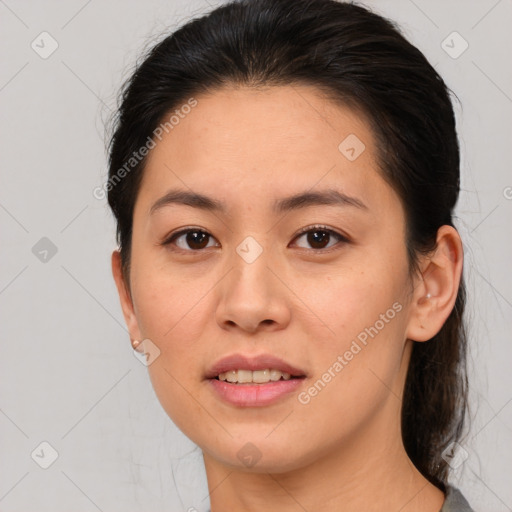 Joyful white young-adult female with medium  brown hair and brown eyes