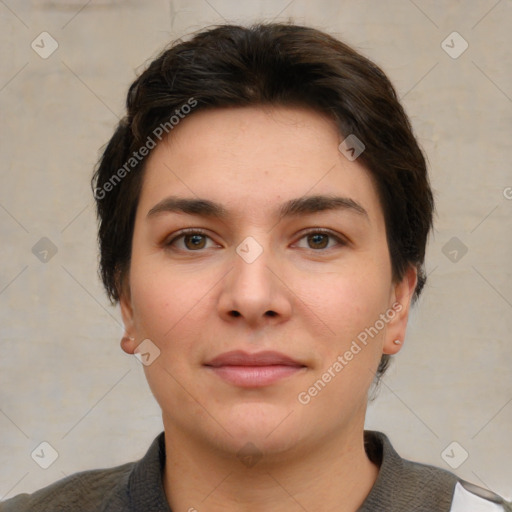 Neutral white young-adult female with short  brown hair and brown eyes