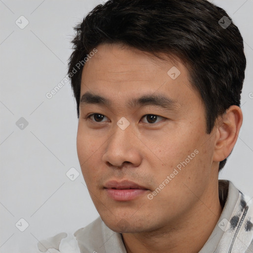 Neutral asian young-adult male with short  black hair and brown eyes