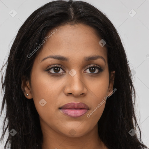 Joyful latino young-adult female with long  brown hair and brown eyes