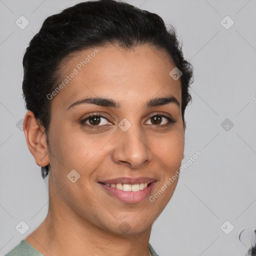 Joyful latino young-adult female with short  brown hair and brown eyes